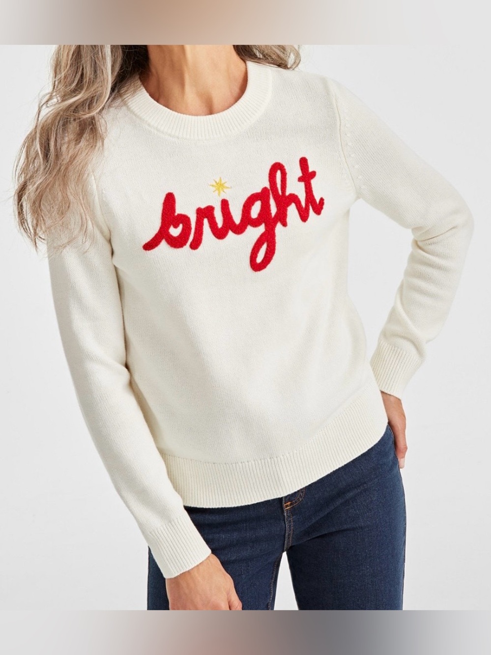 Style & Co. Ivory Crewneck Sweater with Red Script BRIGHT size Large